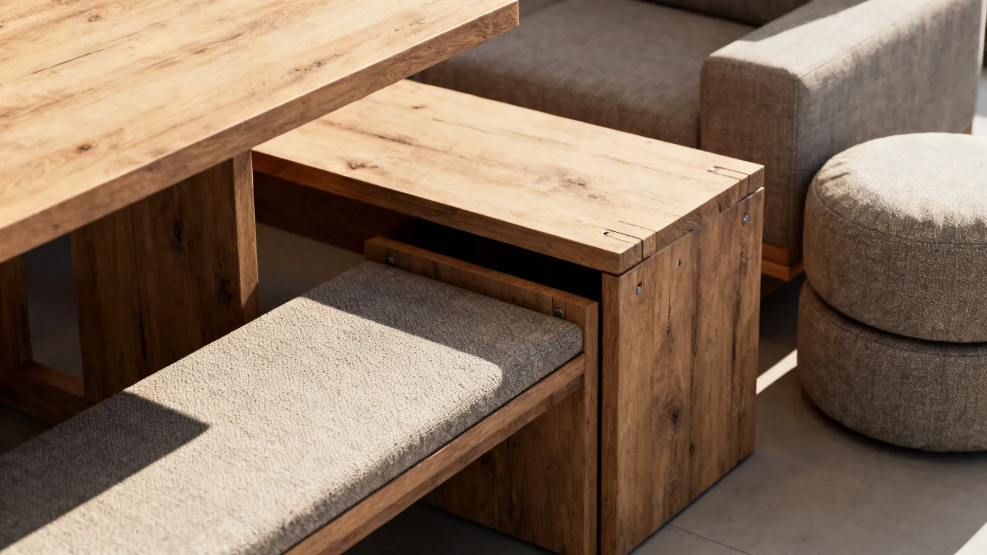 Bench tucked under dining table and pouf as flexible seating in open-plan room