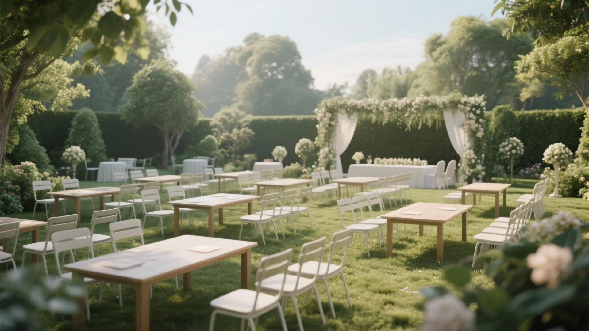Outdoor wedding setup with wooden tables and white chairs on a bright green garden lawn