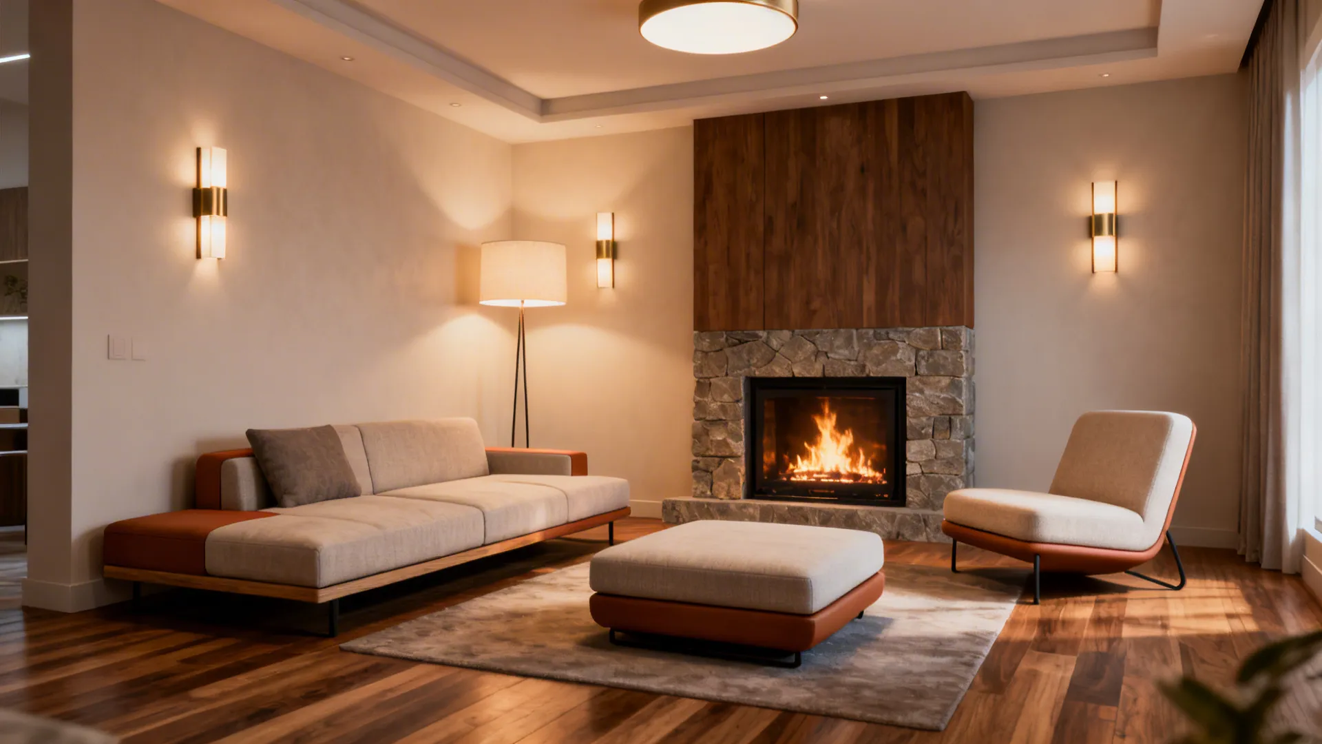 Modular seating and layered lighting around a compact fireplace for flexible small-room layouts.