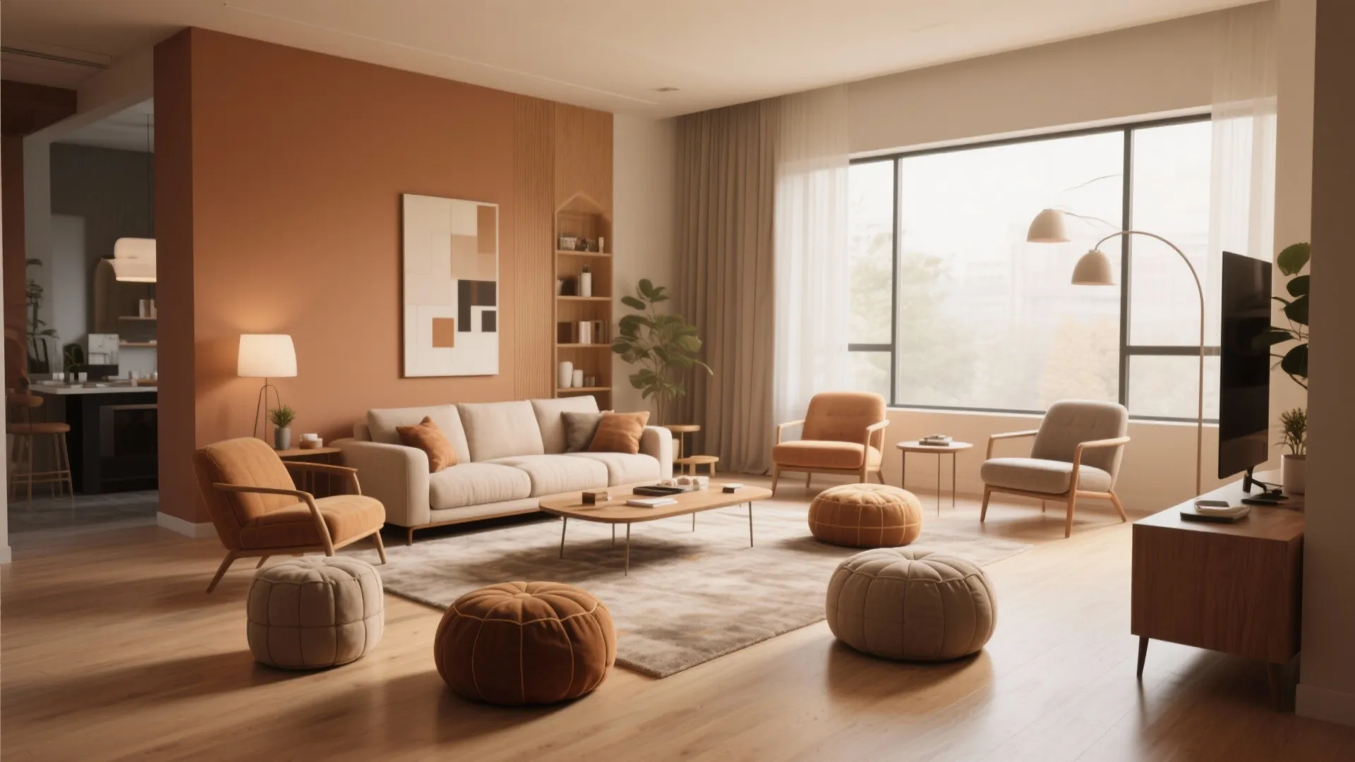Modern living room with orange walls cream sofa wooden floor several round footrest and natural light
