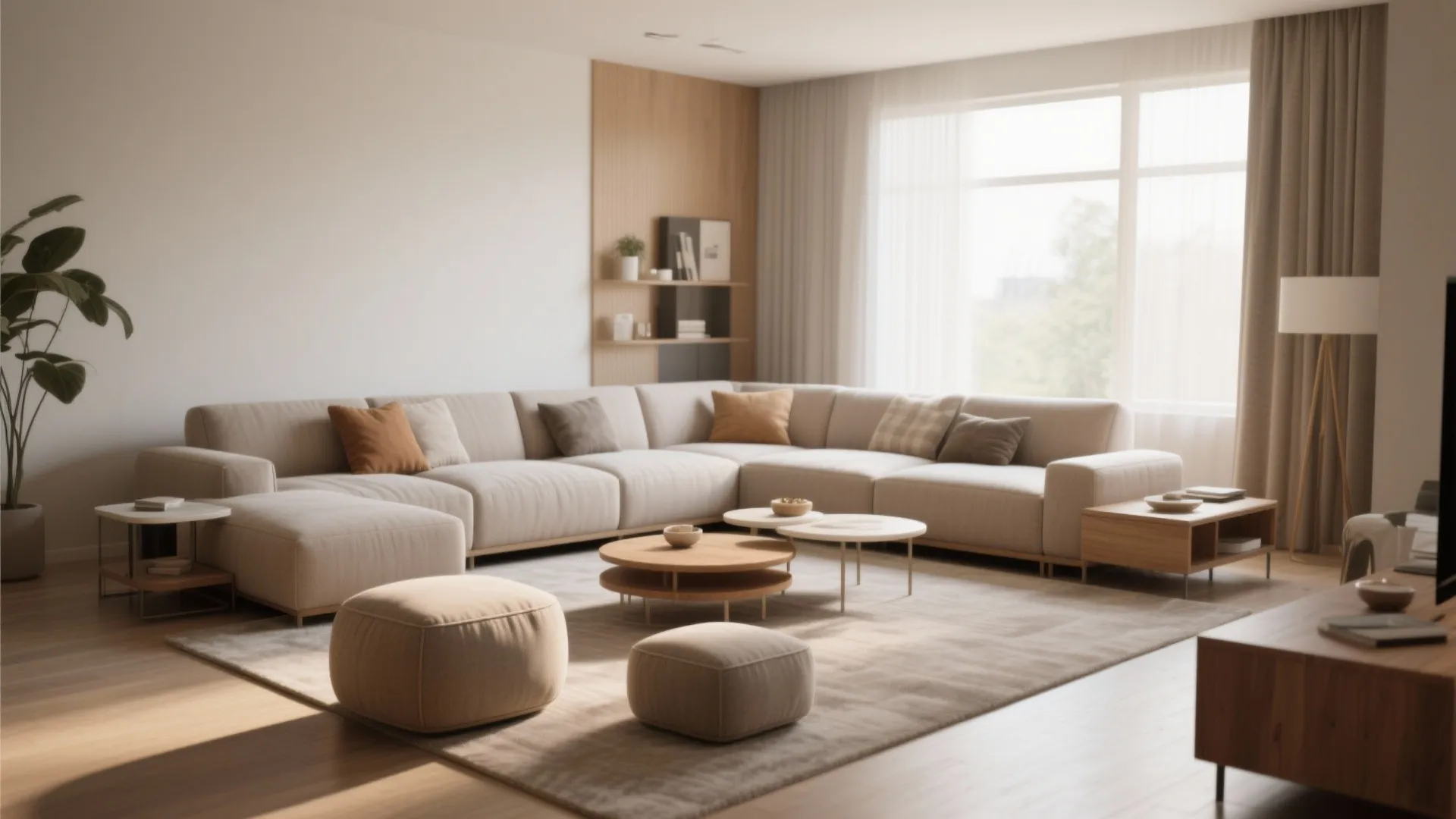 Large beige corner sofa in a bright living room with two round wooden footrest seats nearby