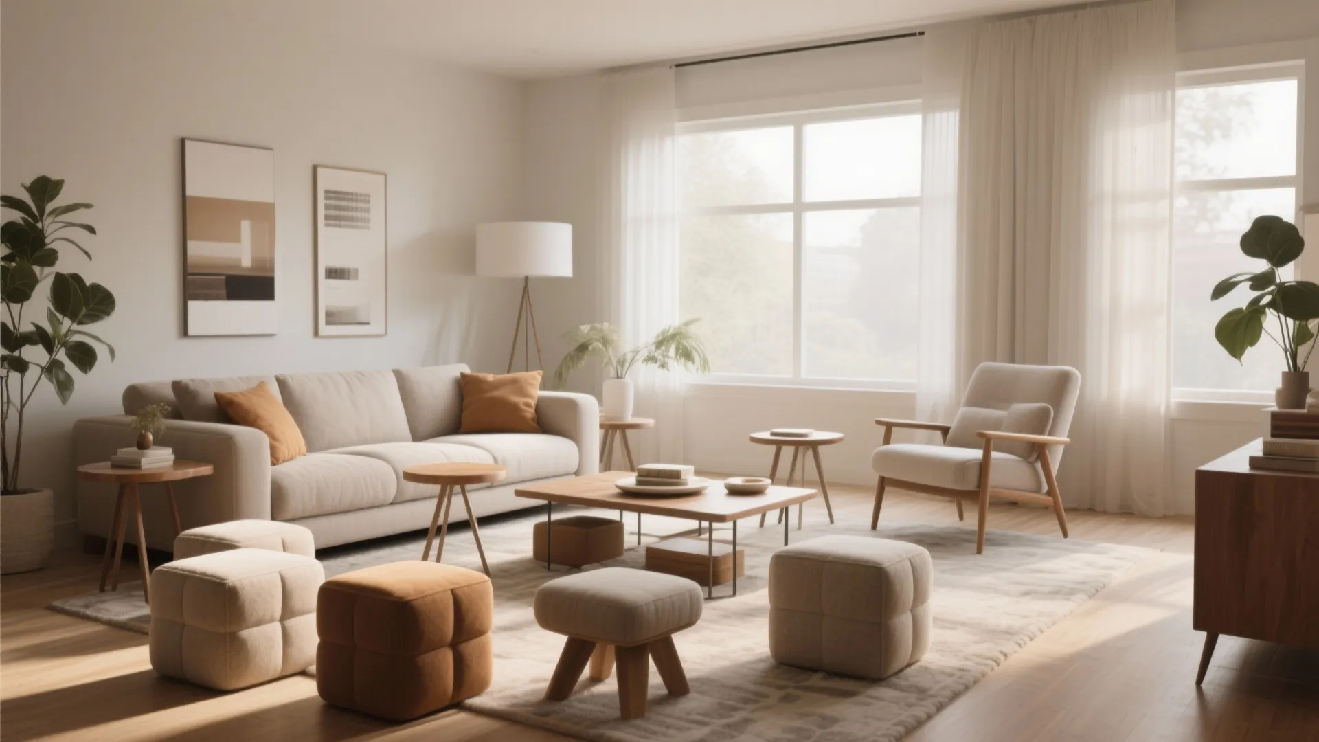 Living room with flexible seating options like ottomans and stools