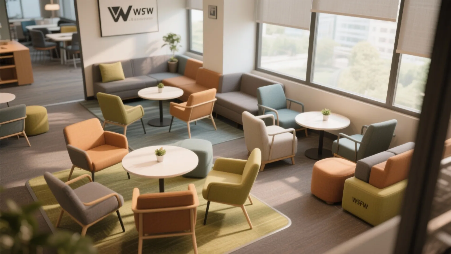 Modern office lounge with colorful sofa chairs white round tables and large windows for light