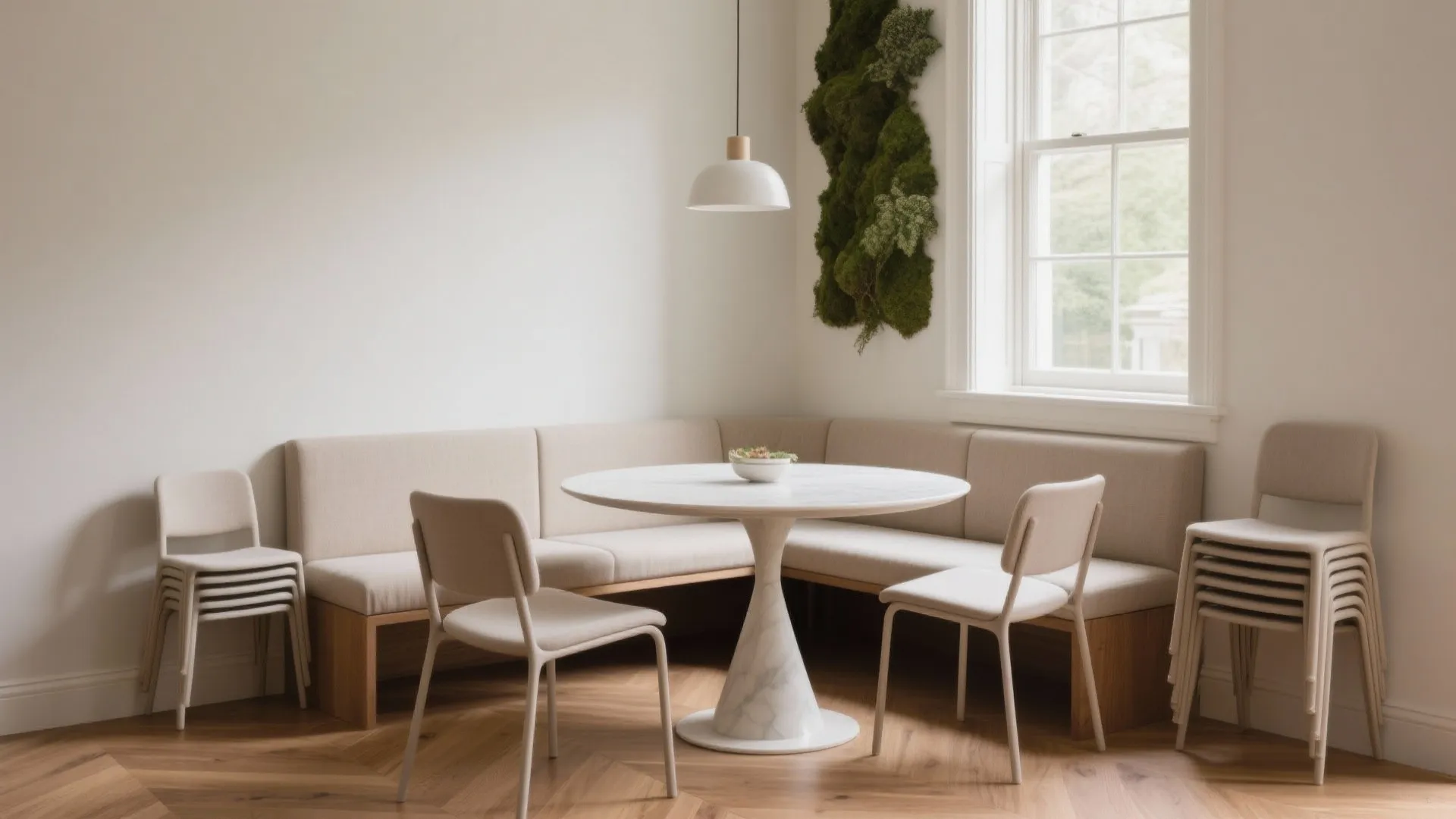 Small dining nook with a slim wall bench, two light chairs, and stackable extras nearby.