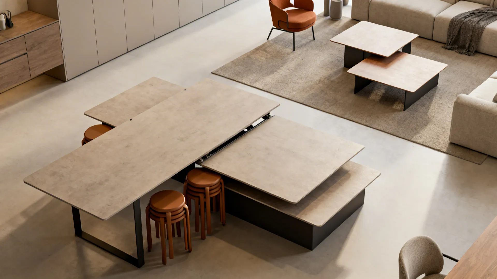 Top-down view of extendable dining table, stackable stools, and nested tables showing flexible layouts