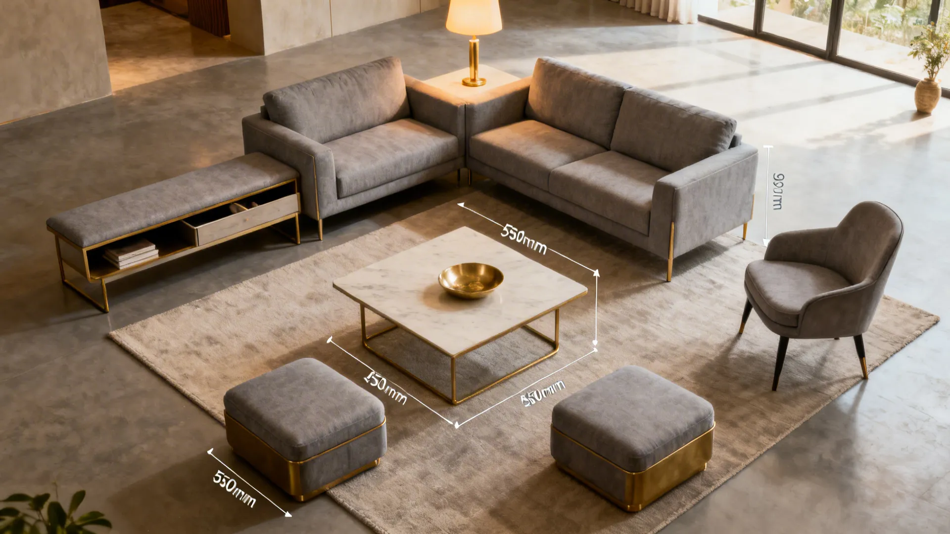 Living room with compact sofa, storage bench, and ottomans arranged for clear circulation.