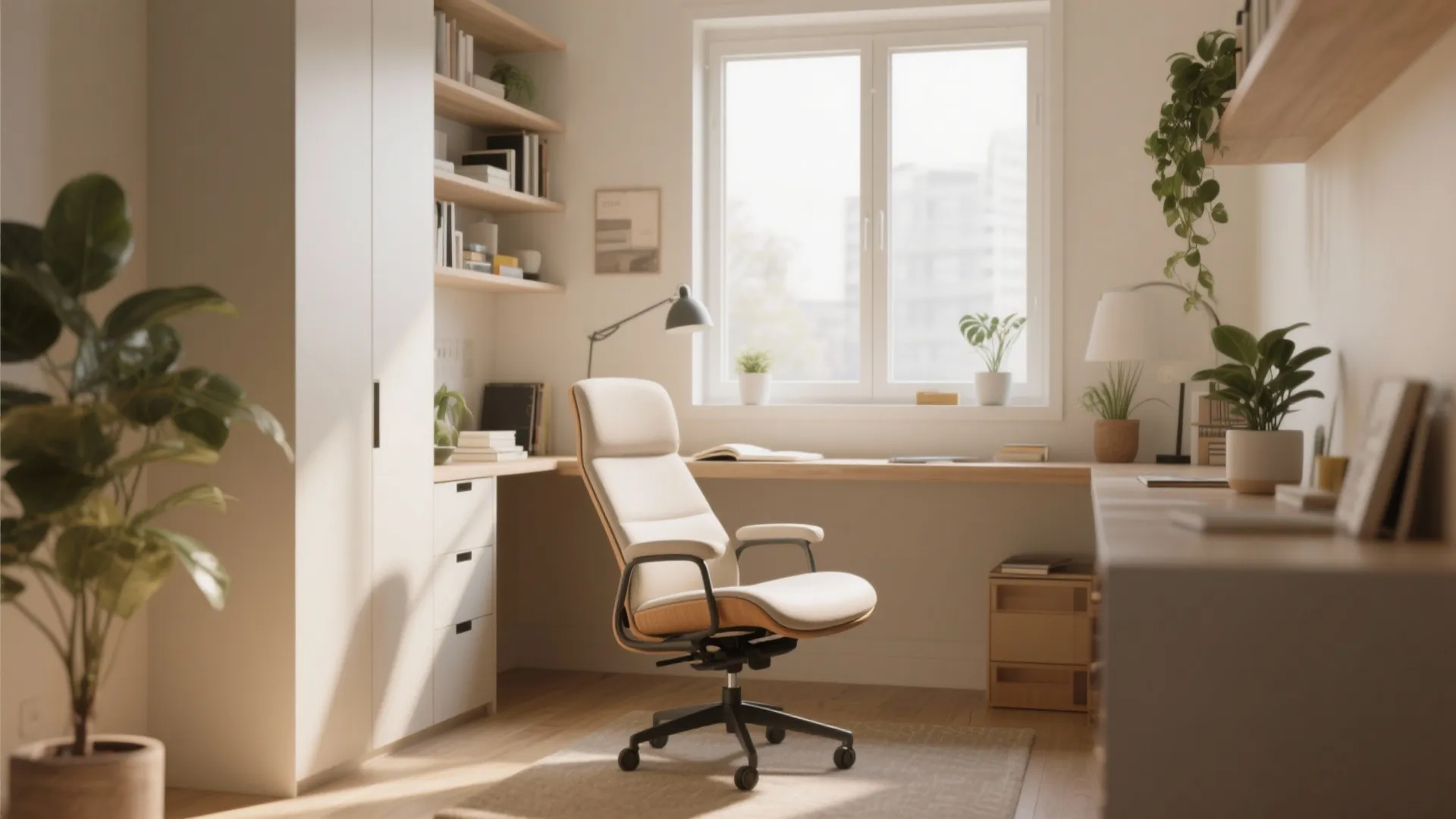 Bright study room with ergonomic office chair wooden desk large window and green potted plants