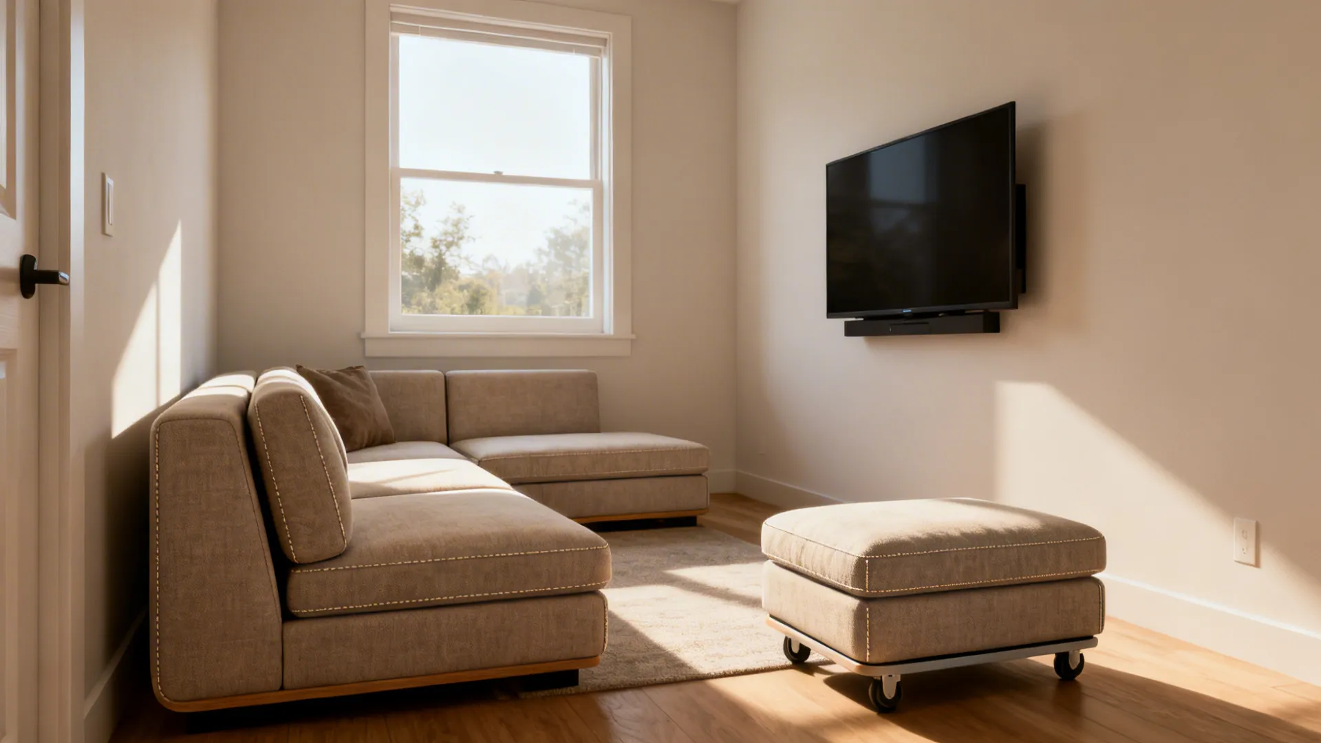 Small living room with modular seating angled toward a wall-mounted TV for flexible viewing.