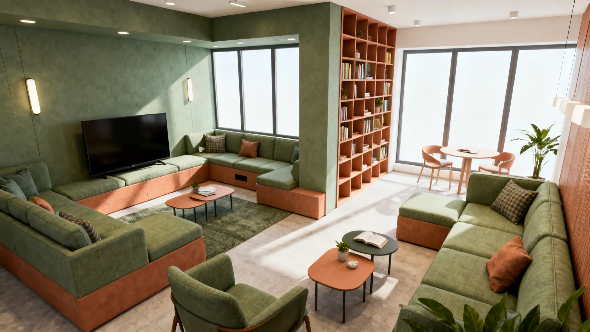 Modular seating creating distinct TV, reading, and chat zones in a compact living room.