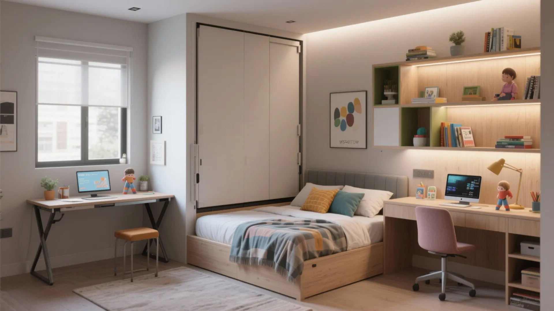 Small bedroom featuring a central bed between two desks with wooden shelves and natural light