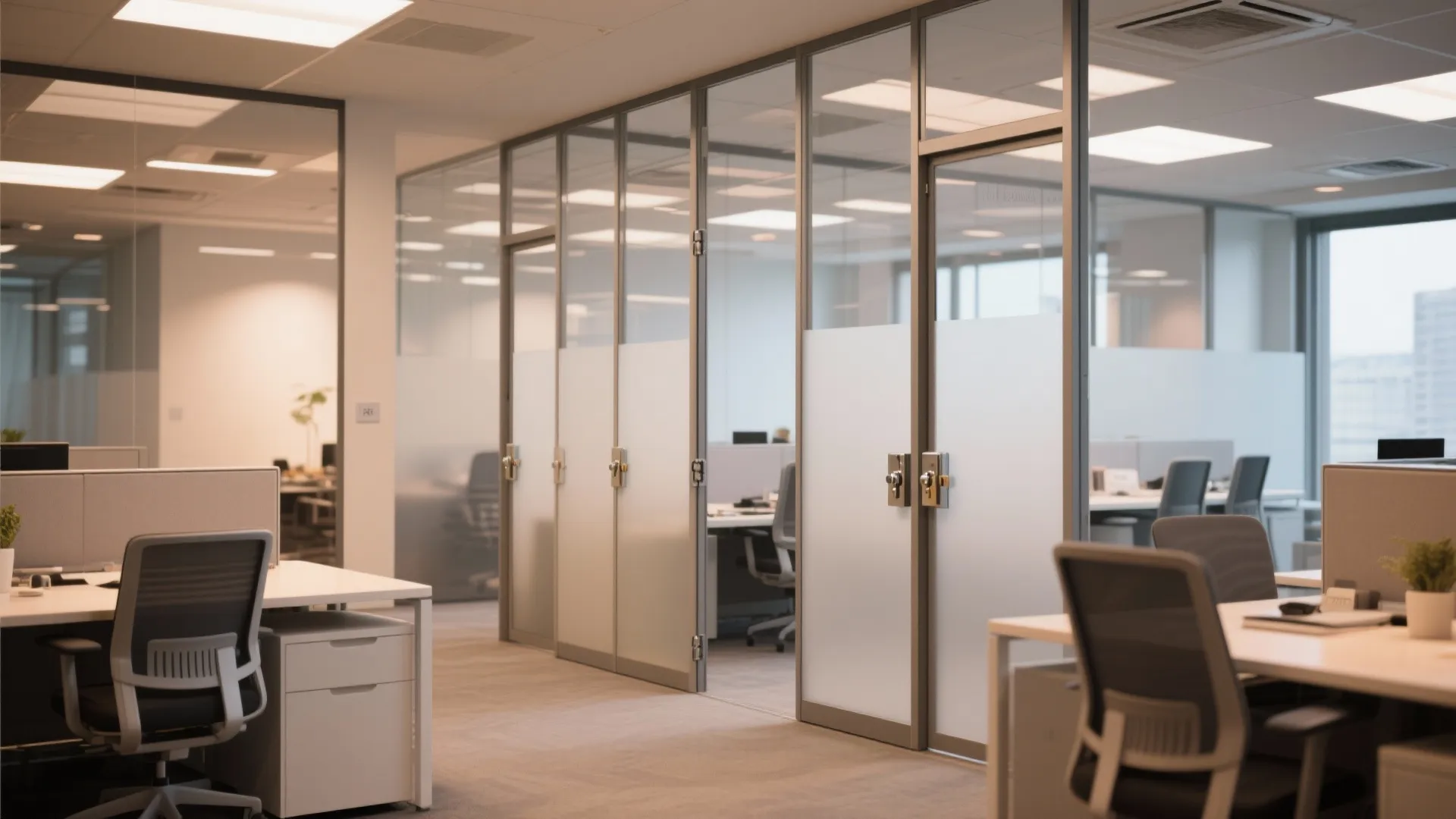 Movable lockable partitions dividing office space into secure zones