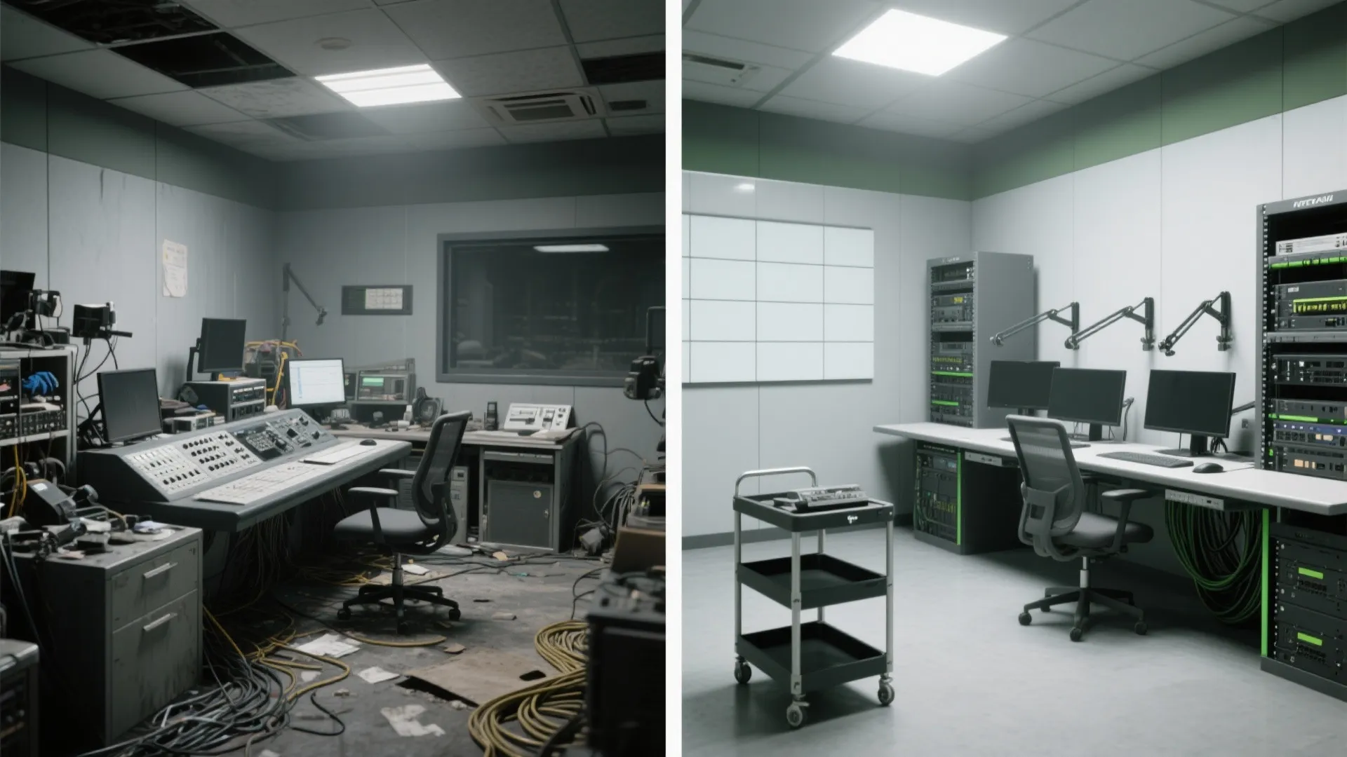 Before and after comparison showing a messy old control room versus a clean modern workstation