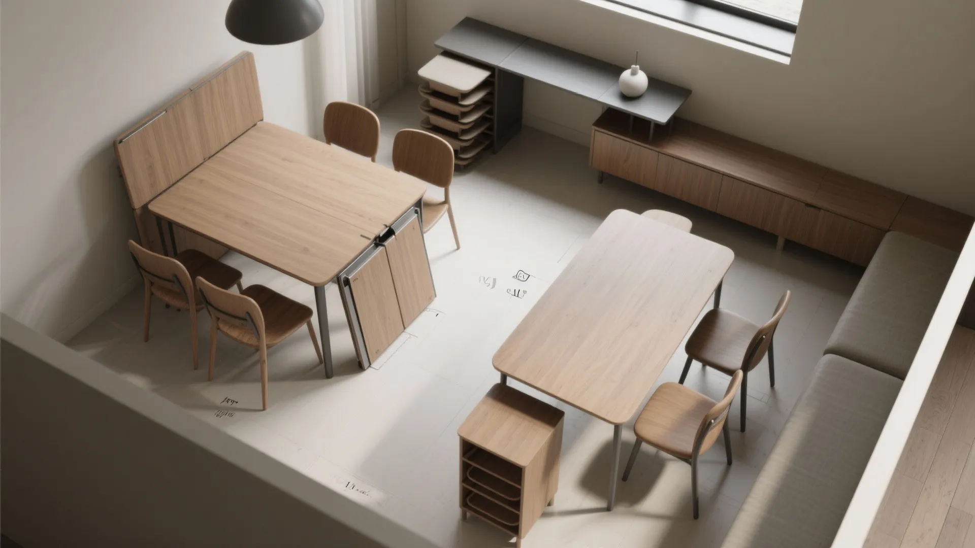 Modern room layout with wooden tables chairs cabinet and ceiling light in a bright workspace