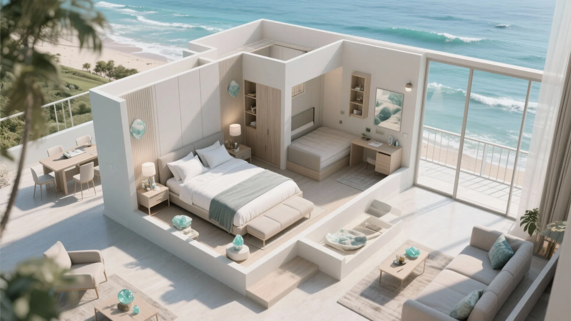 Top-down visualization of two-bedroom suite layout showing a master, flexible second room with Murphy bed, and open living flow to balcony