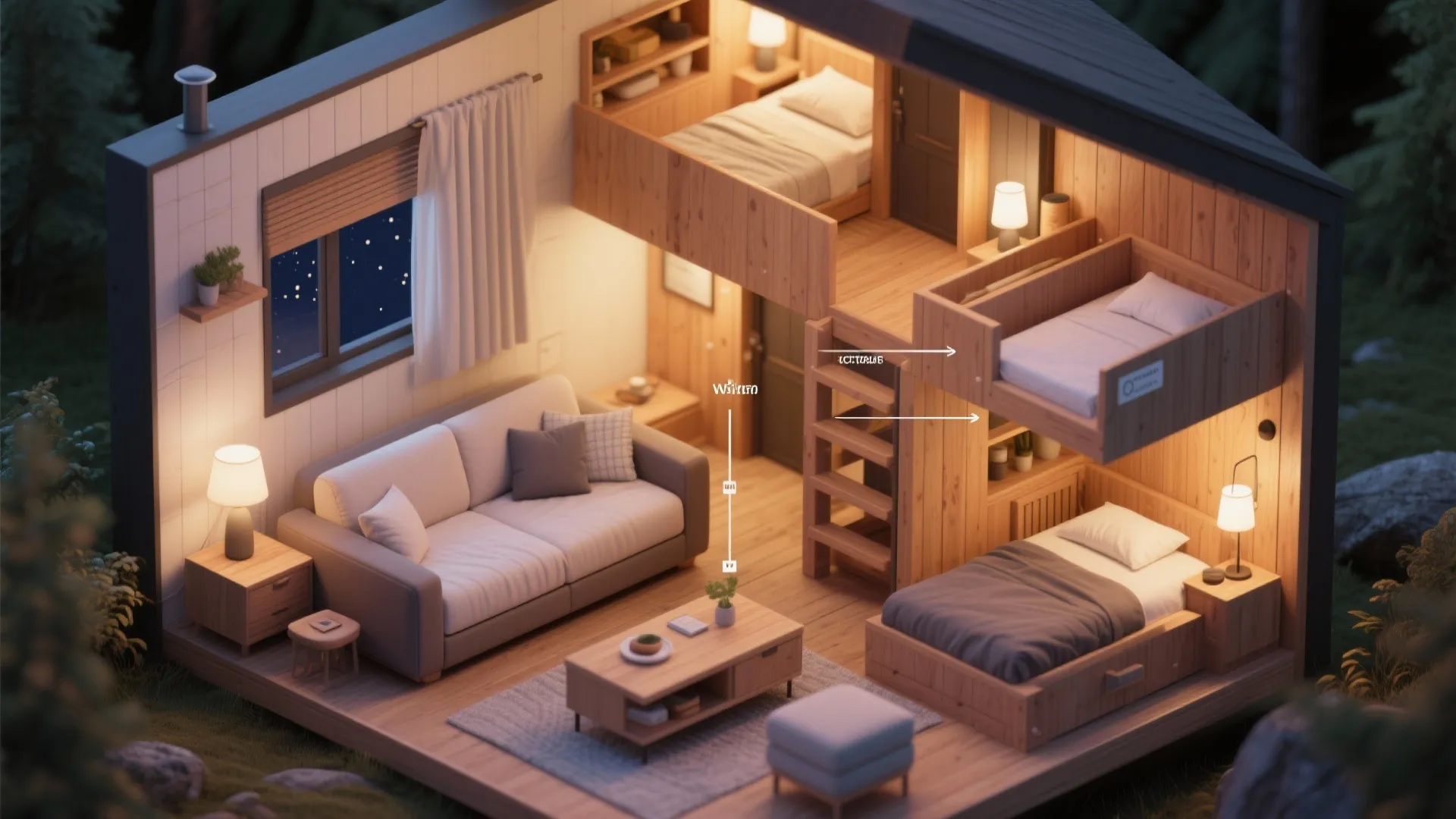 Top-down visualization of flexible sleeping setups: sofa bed, convertible bunks, and loft configurations.