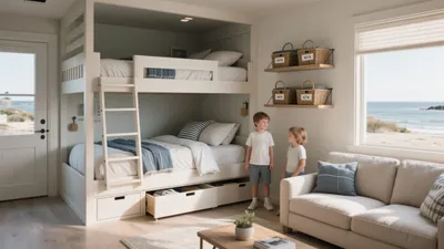 Coastal Kids Bunk Room with Storage & Sea View