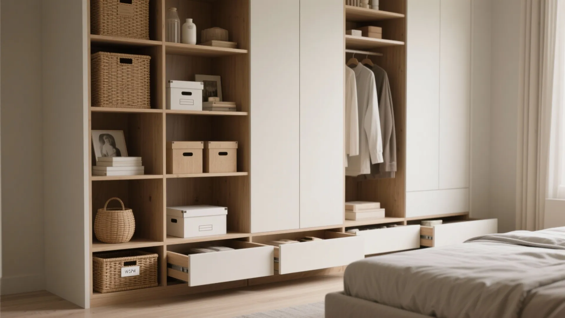 Modern bedroom wardrobe featuring open wooden shelves woven baskets storage boxes and white pull out drawers