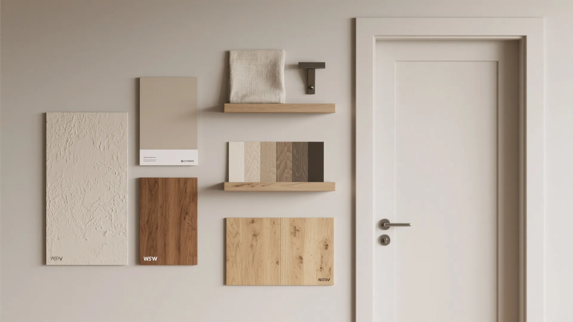 Wall display showing wood material samples color swatches and fabric textures next to a door