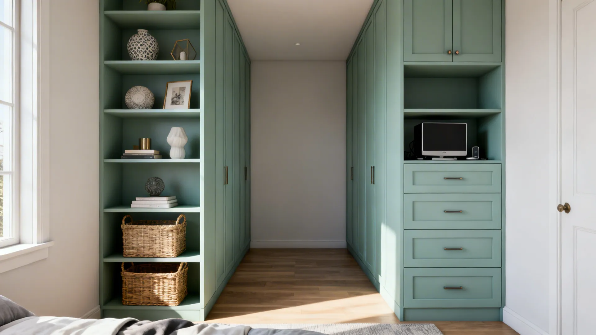 Modular storage units in a small bedroom with open shelving on one side and closed drawers on the other.