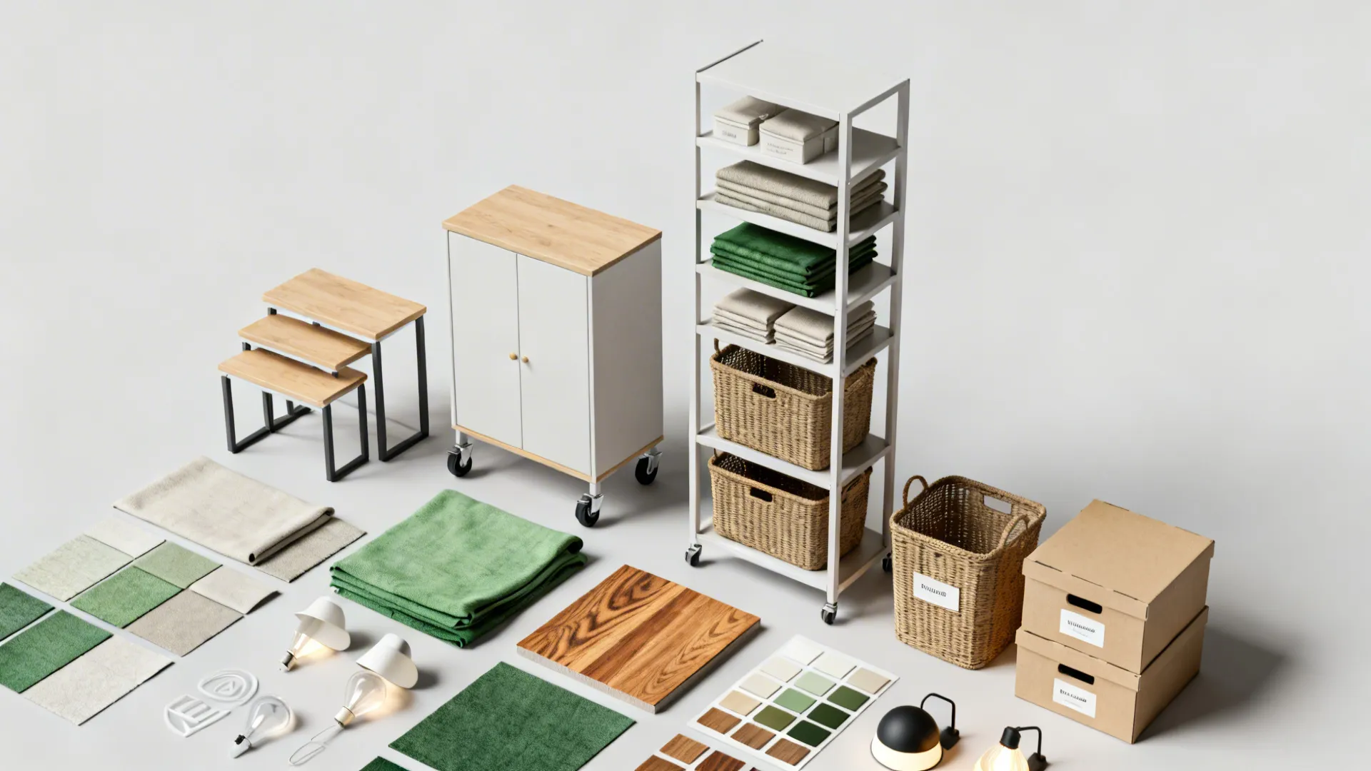 Top-down flatlay of flexible furniture pieces and storage materials for small spaces, including nesting tables and baskets.