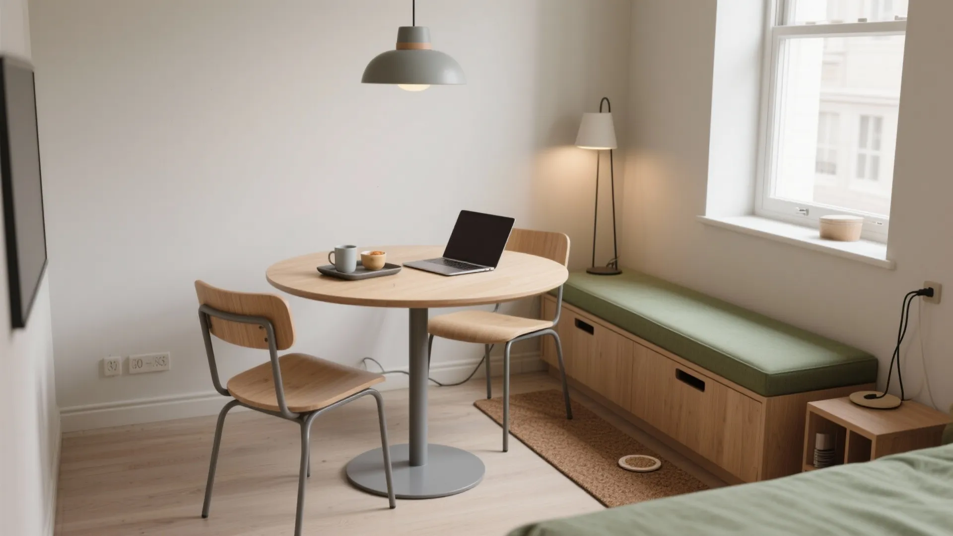 Modern studio interior featuring round wooden table two chairs laptop and green storage bench seating