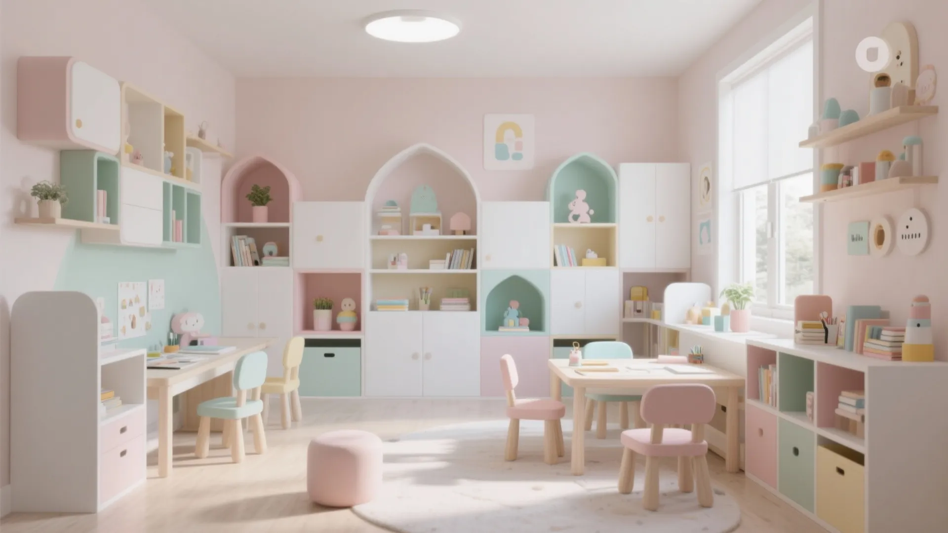 Spacious pink playroom with white storage cabinets wooden tables small chairs and a ceiling light