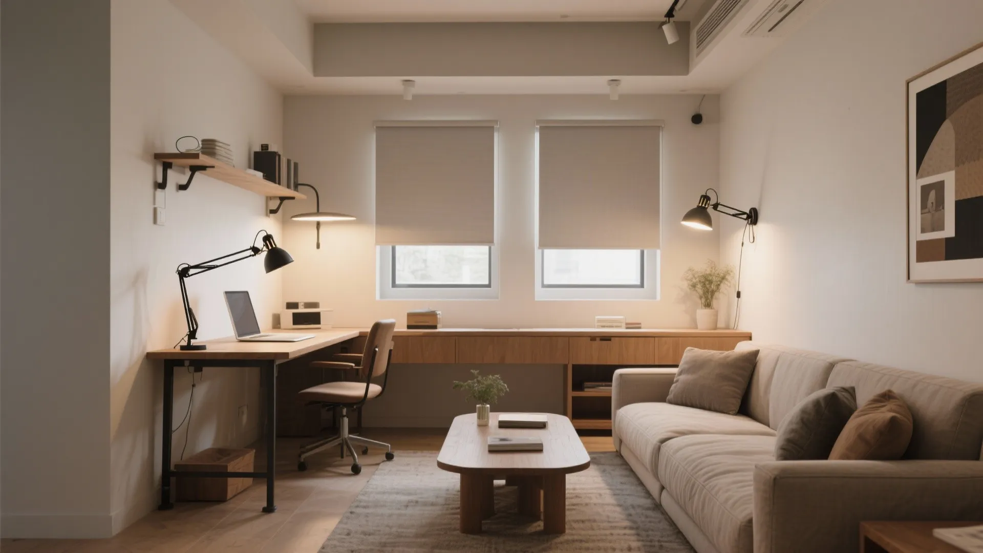 Modern home office with a wooden desk comfortable sofa wall light and black desk lamp