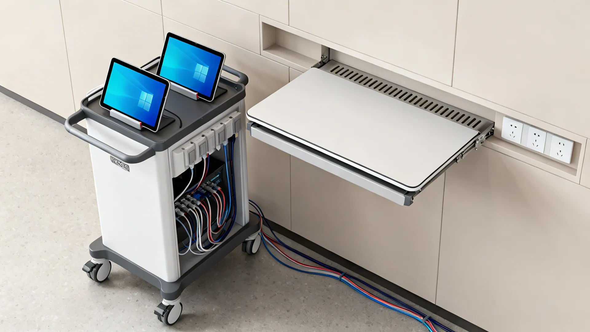 Mobile tech cart and fold-down wall desk illustrating compact technology solutions with cable management.