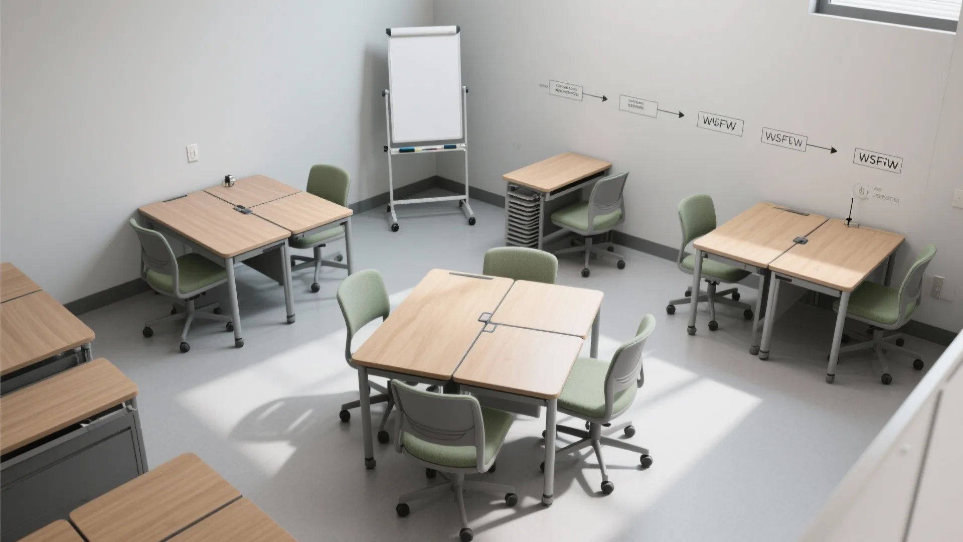 Modern office room layout with wooden desks green rolling chairs white board and wall signs