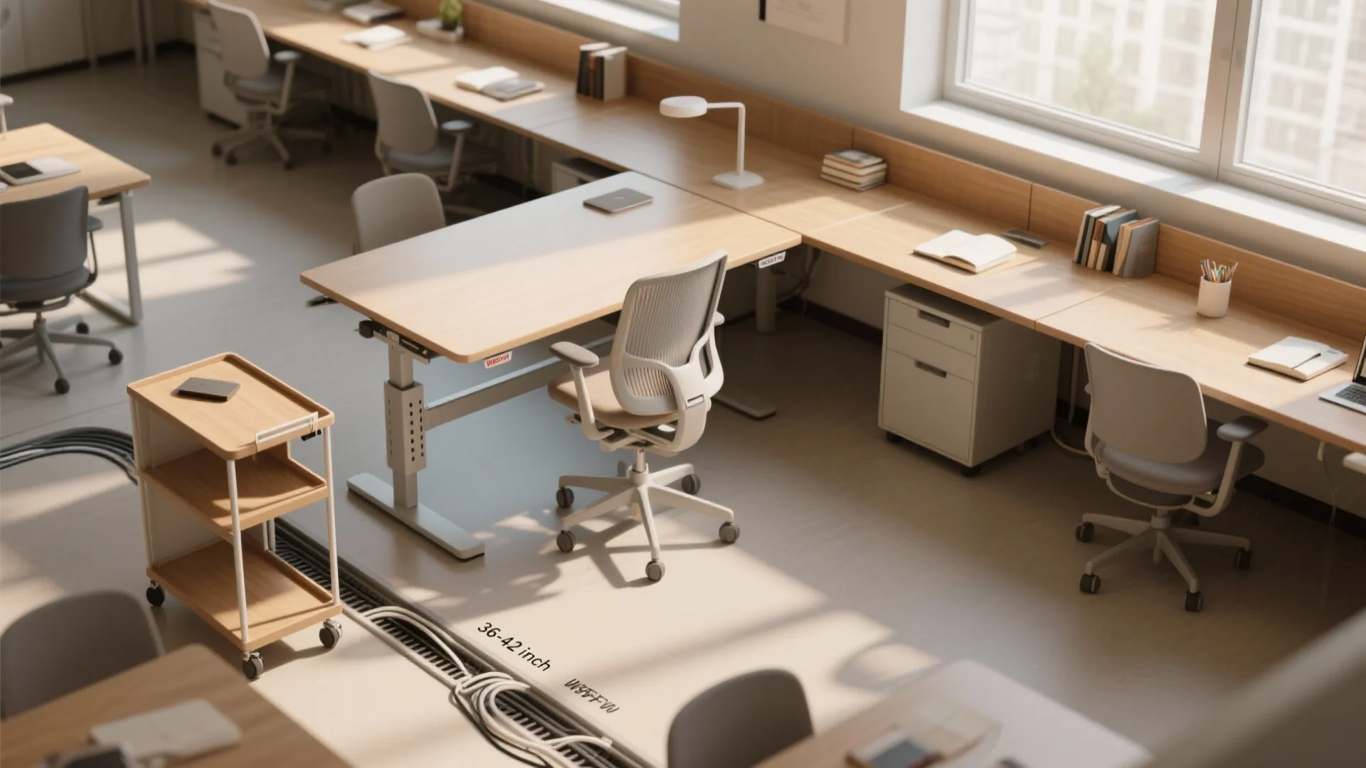 Modern office space featuring wooden desks white chairs storage cabinet and large windows with natural light