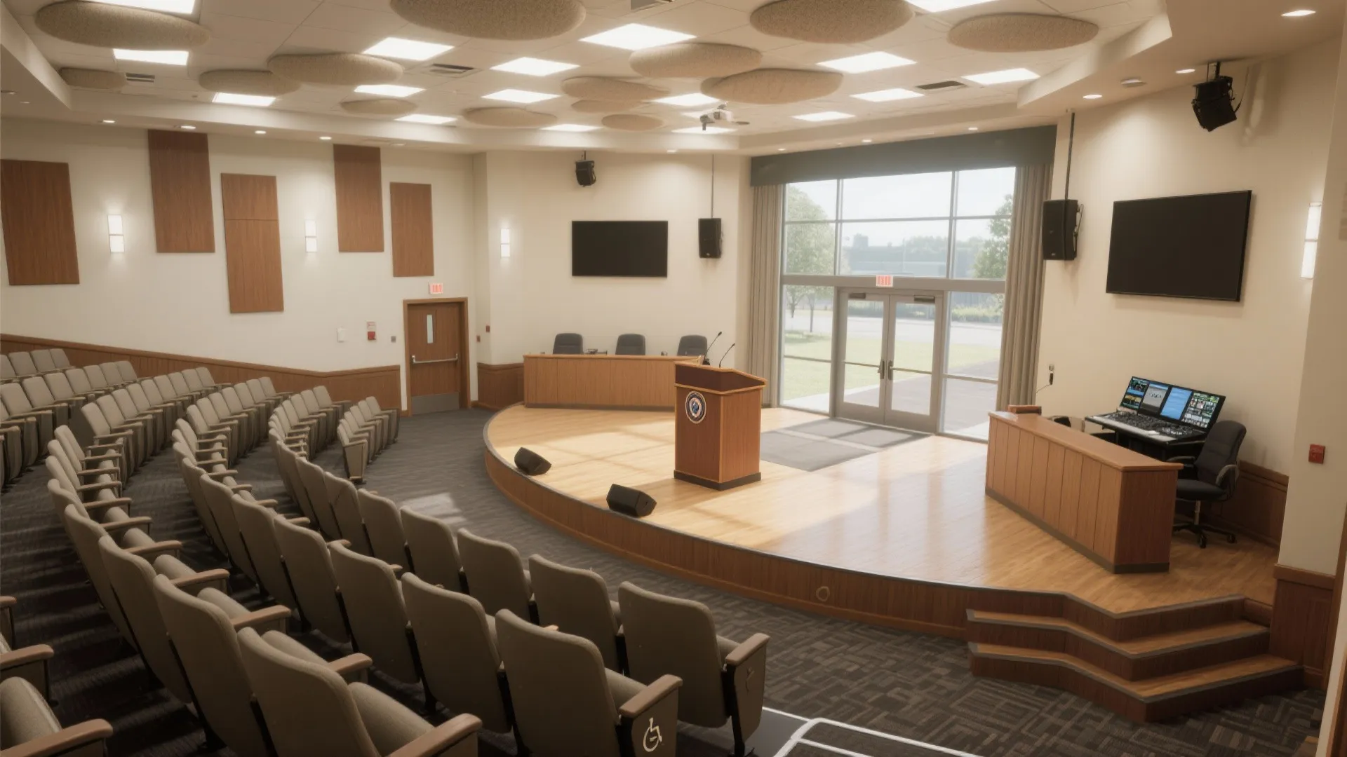Modern town hall room with curved seating rows facing wooden stage and large bright windows