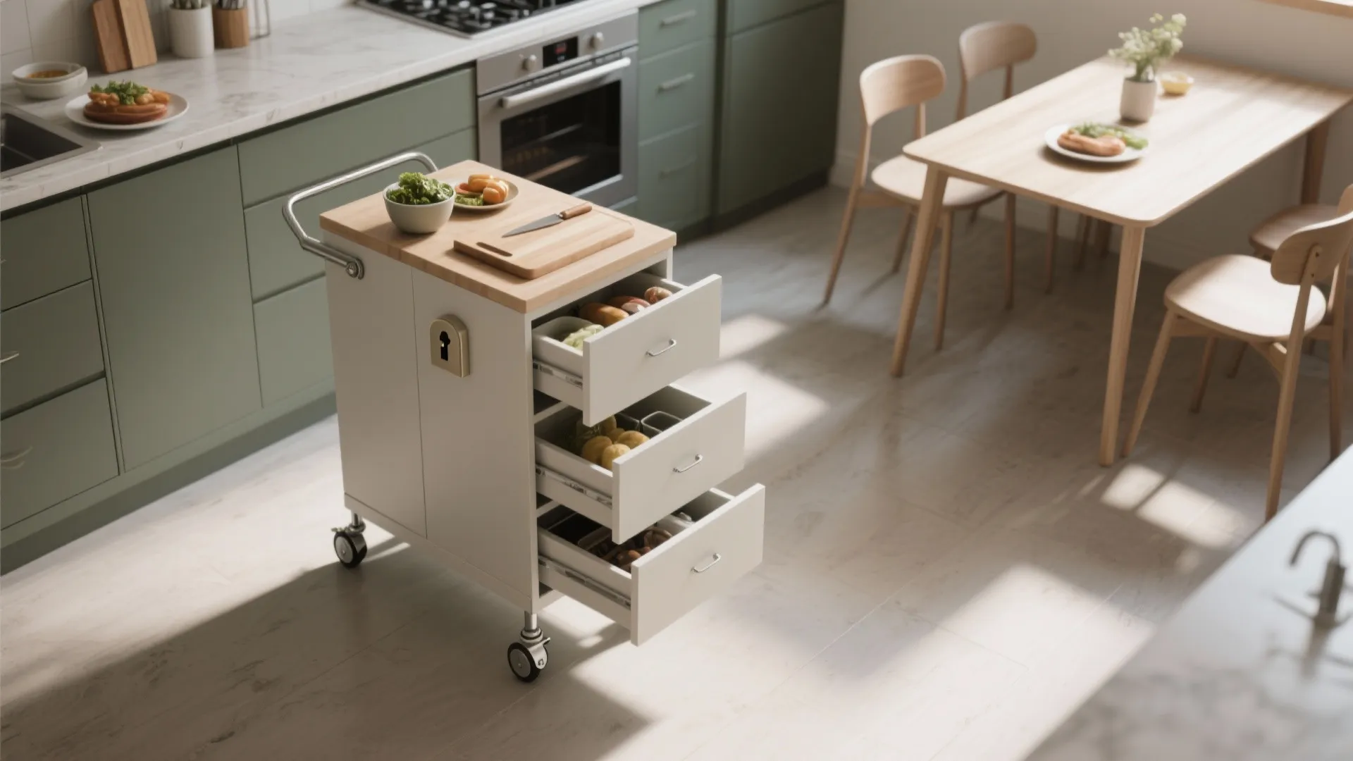 White kitchen cart with drawers wooden top cutting board and food in a sunny dining room