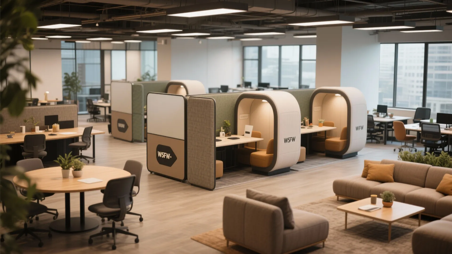 Open office layout with private work pods meeting tables grey sofas and large windows for light