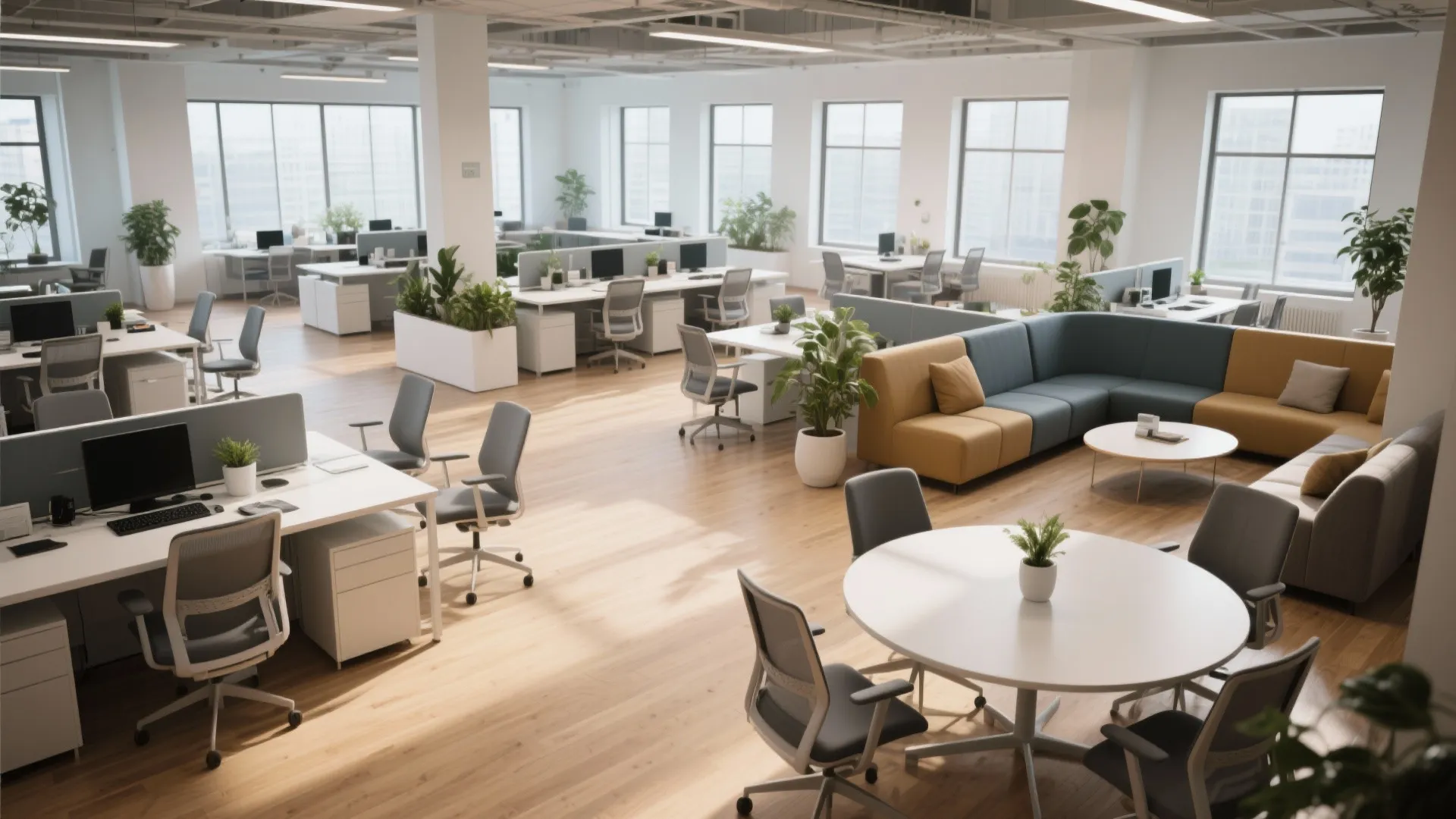 Bright open office layout with white desks grey chairs sofa area and green potted plants