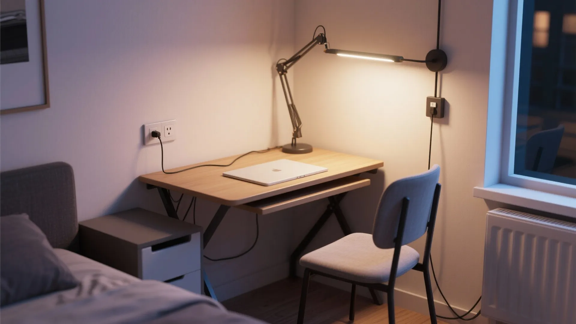 Multi-use corner with a swing-arm plug-in LED wall light illuminating a combined desk and dining area