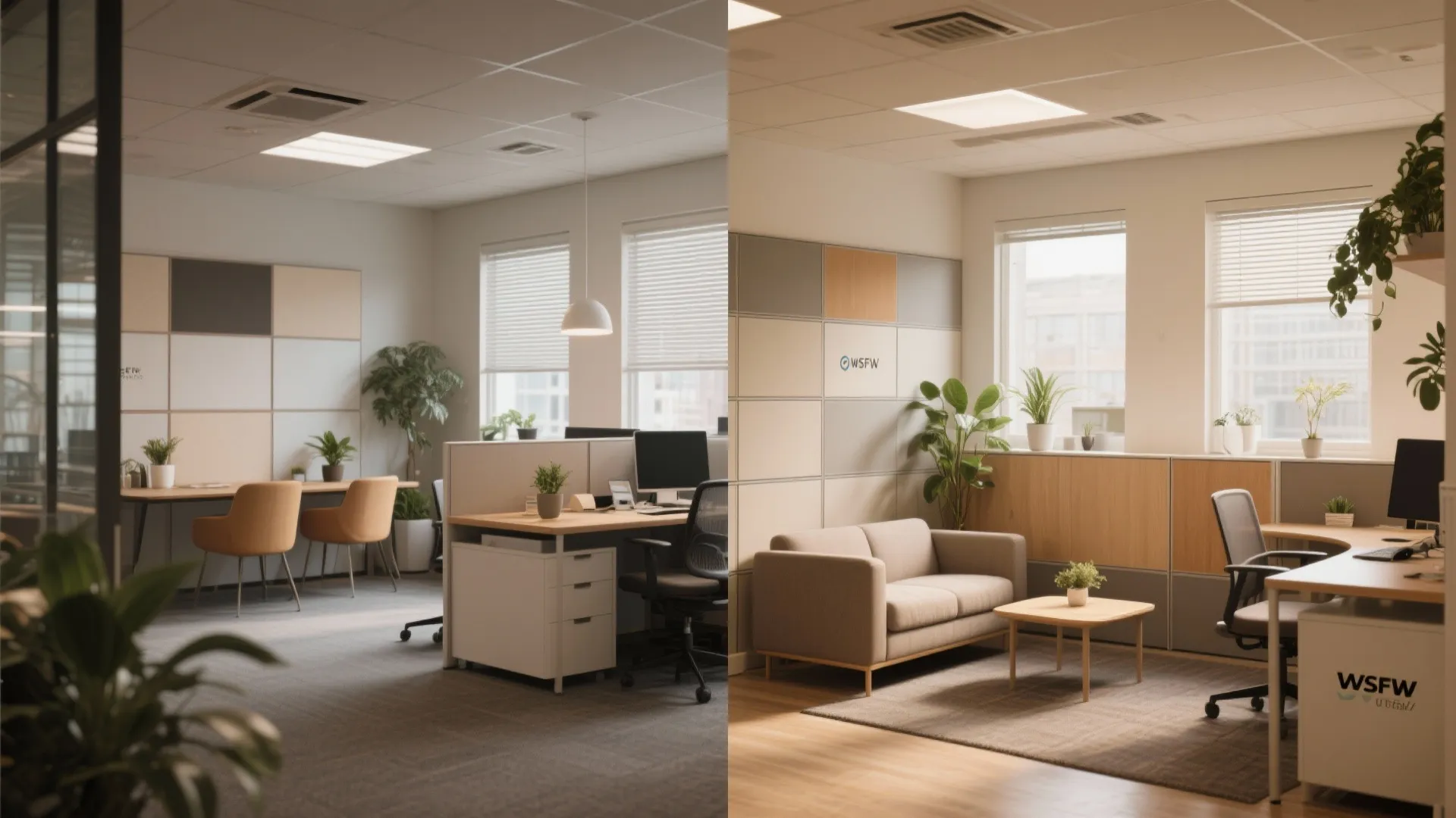 Comparison of a professional office cubicle area next to a comfortable office lounge with sofa