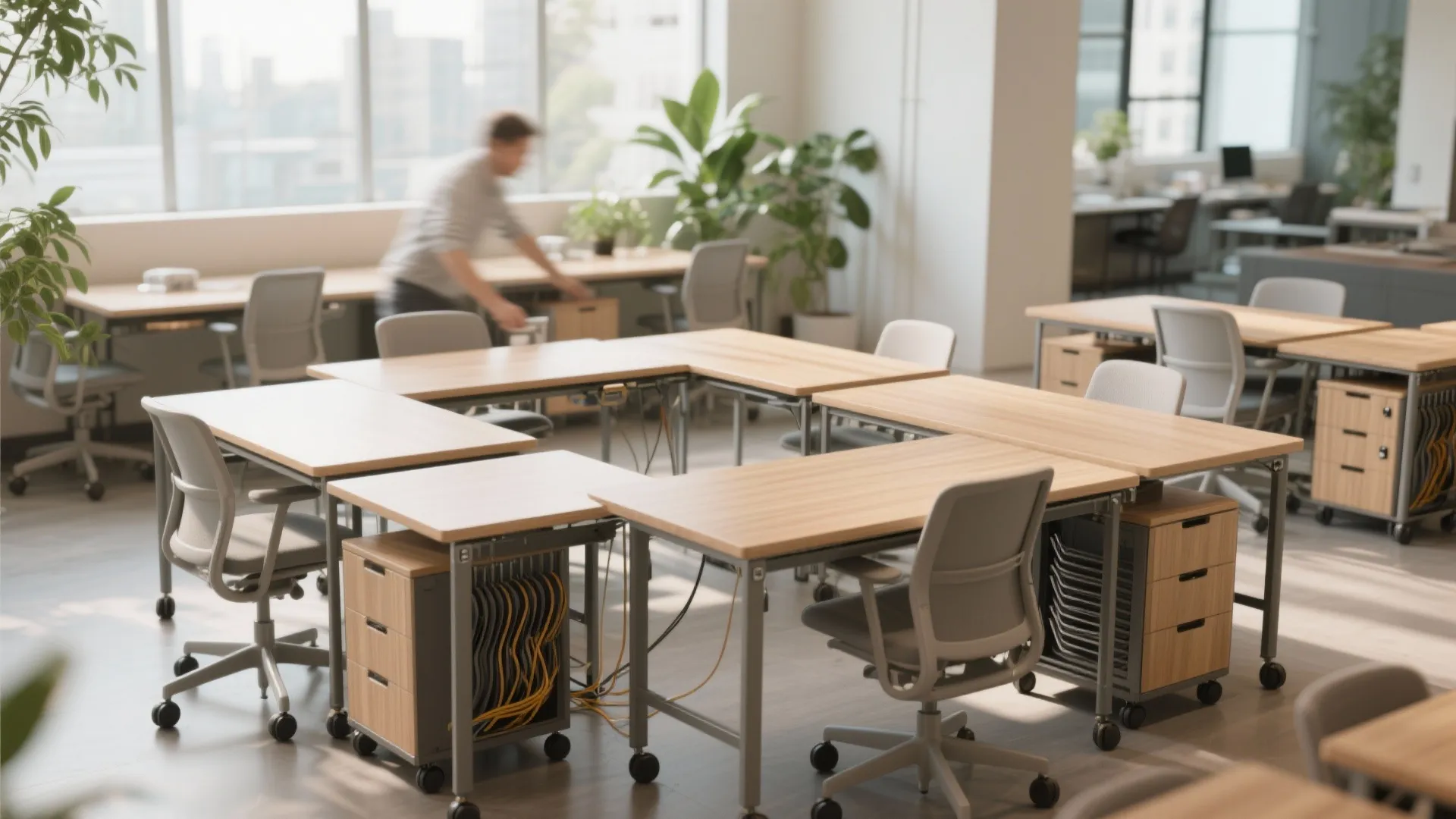Modular tables on locking casters and rollaway storage configured for group and heads-down work.