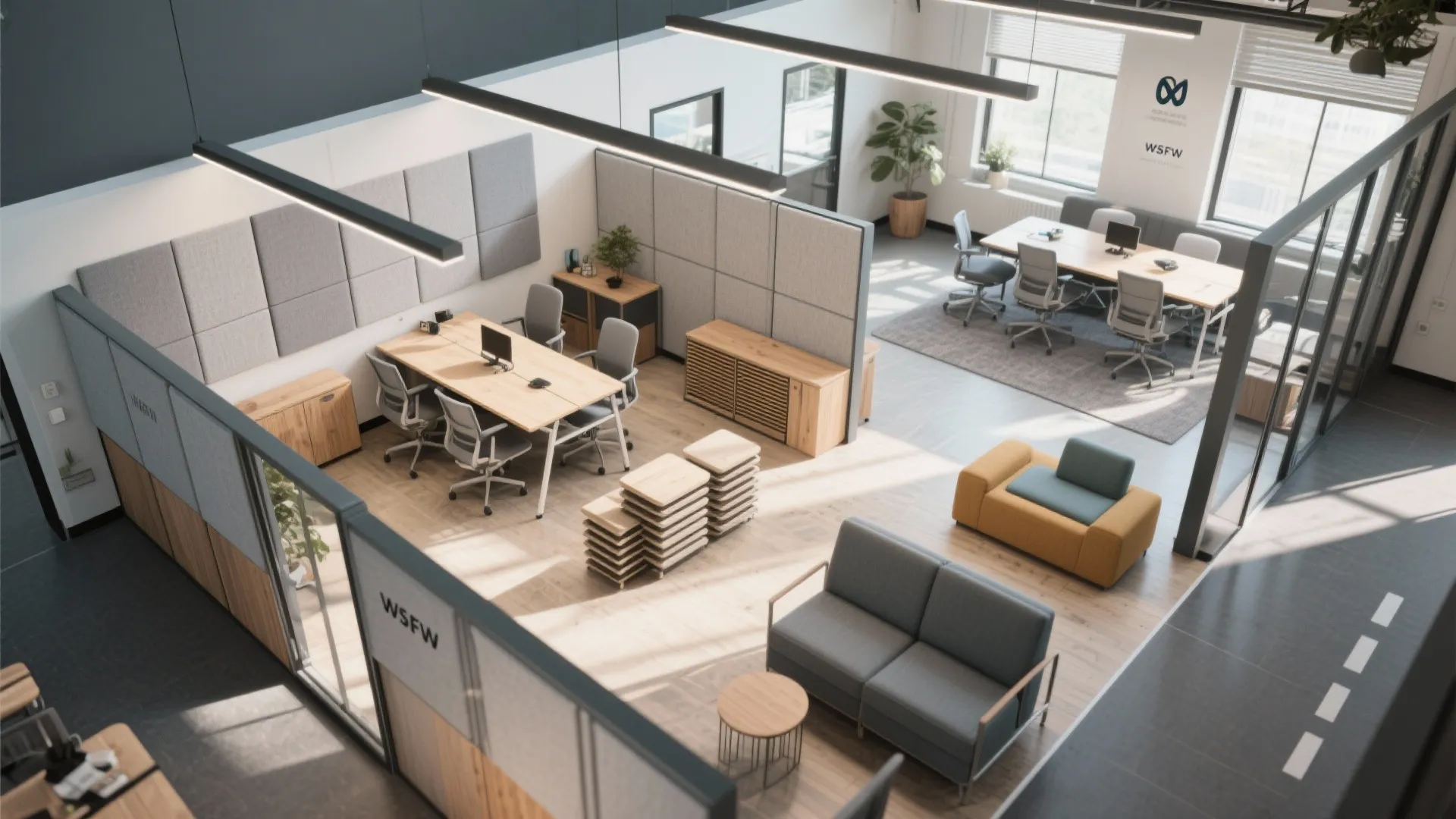 Modern office interior design drawing with flexible workstations grey sofas and private glass meeting rooms