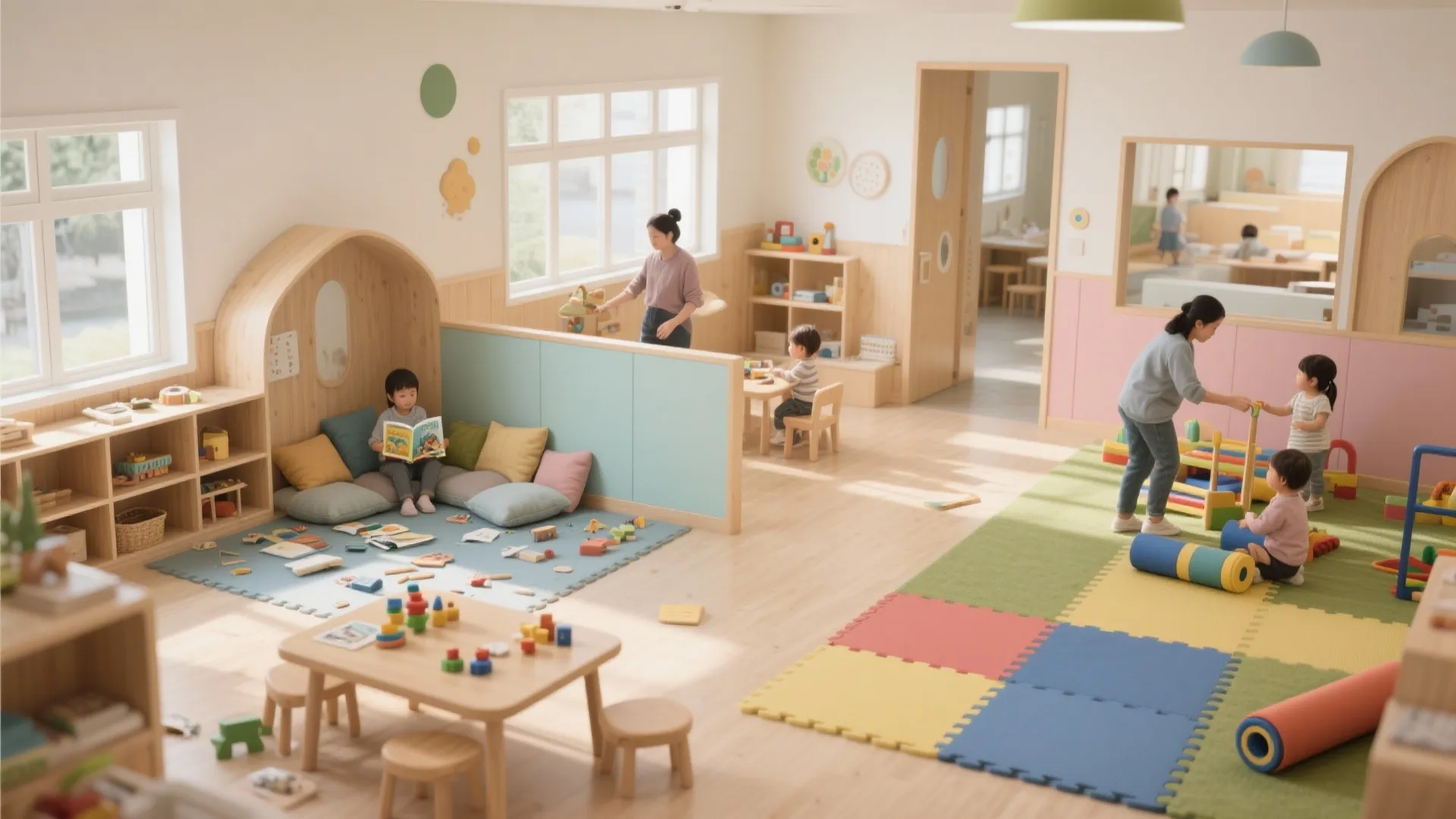 Spacious daycare center with wooden furniture colorful play mats reading nook and children playing happily