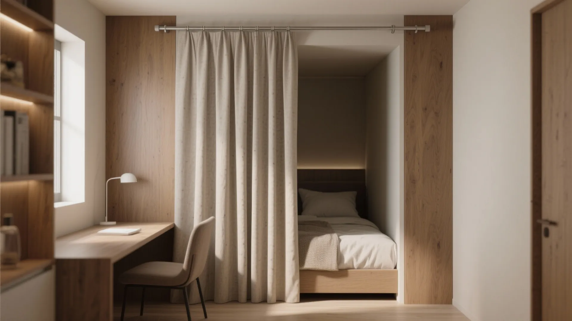 Small bedroom with a wooden desk and chair separated from sleeping area by a curtain
