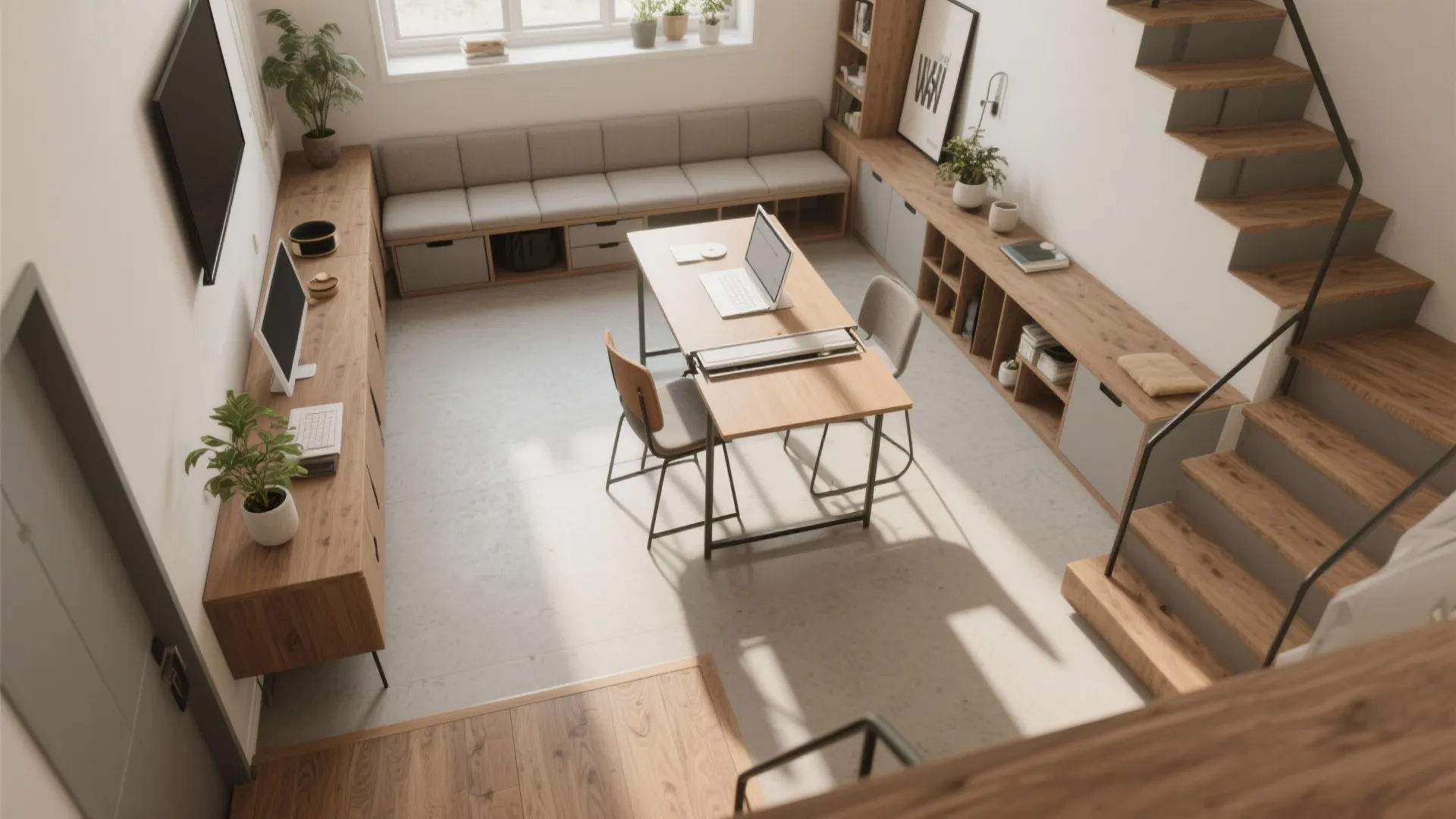 High angle view of a modern home office with wooden desks stairs green plants and laptop