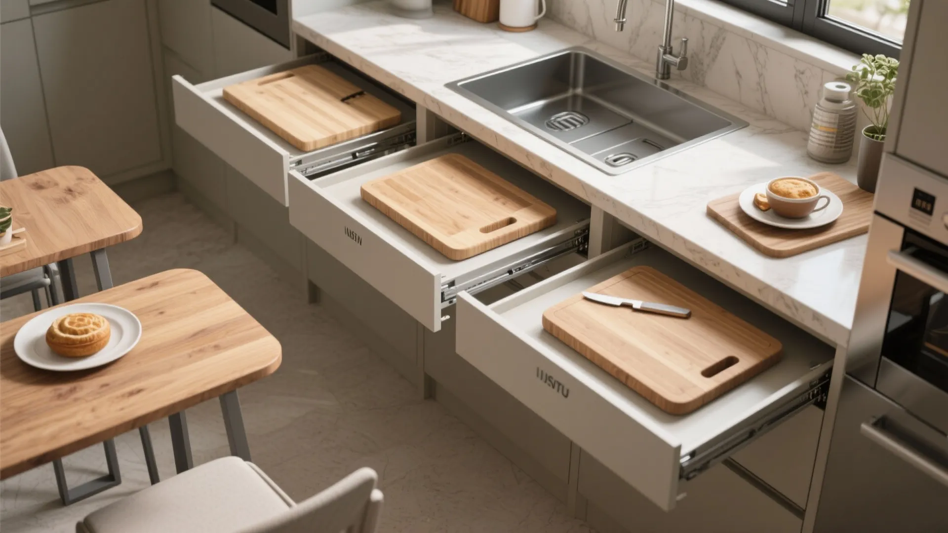 Three open kitchen drawers showing wooden cutting boards under a silver sink with white marble countertop