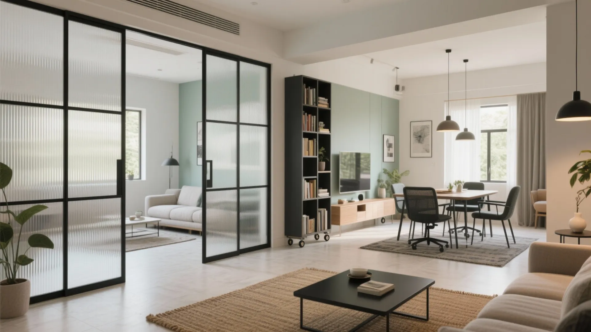 1) Flexible zoning with sliding partitions and visual cues