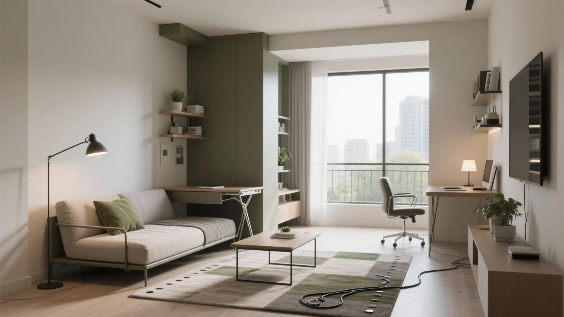 Flexible Zones: Sofa-Bed + Balcony Workspace