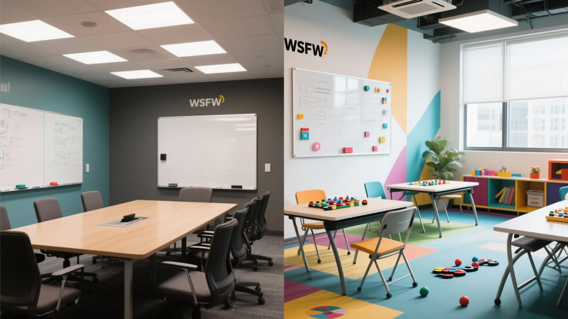 Before and after comparison of formal grey meeting room versus a bright colorful creative playroom