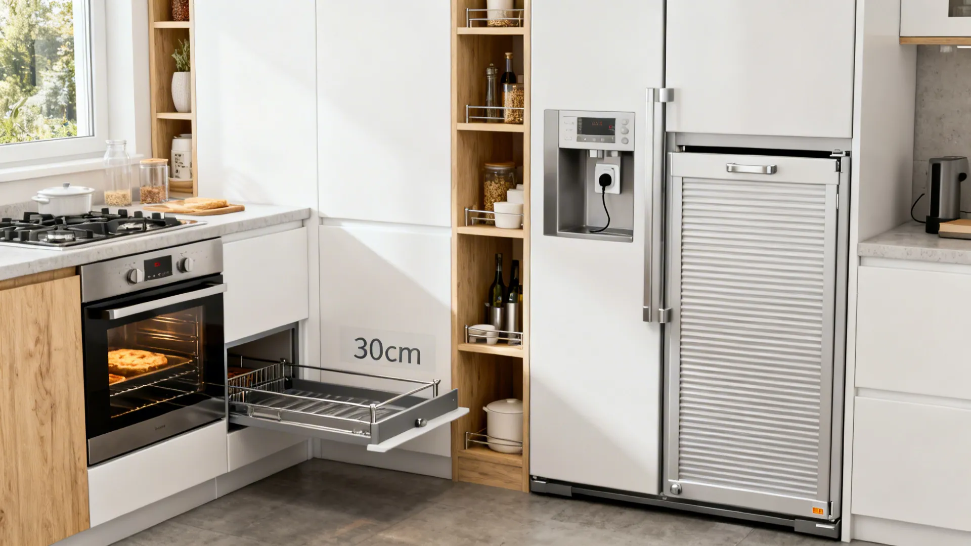 Compact kitchen with a slim pull-out pantry and an appliance garage with a tambour door.