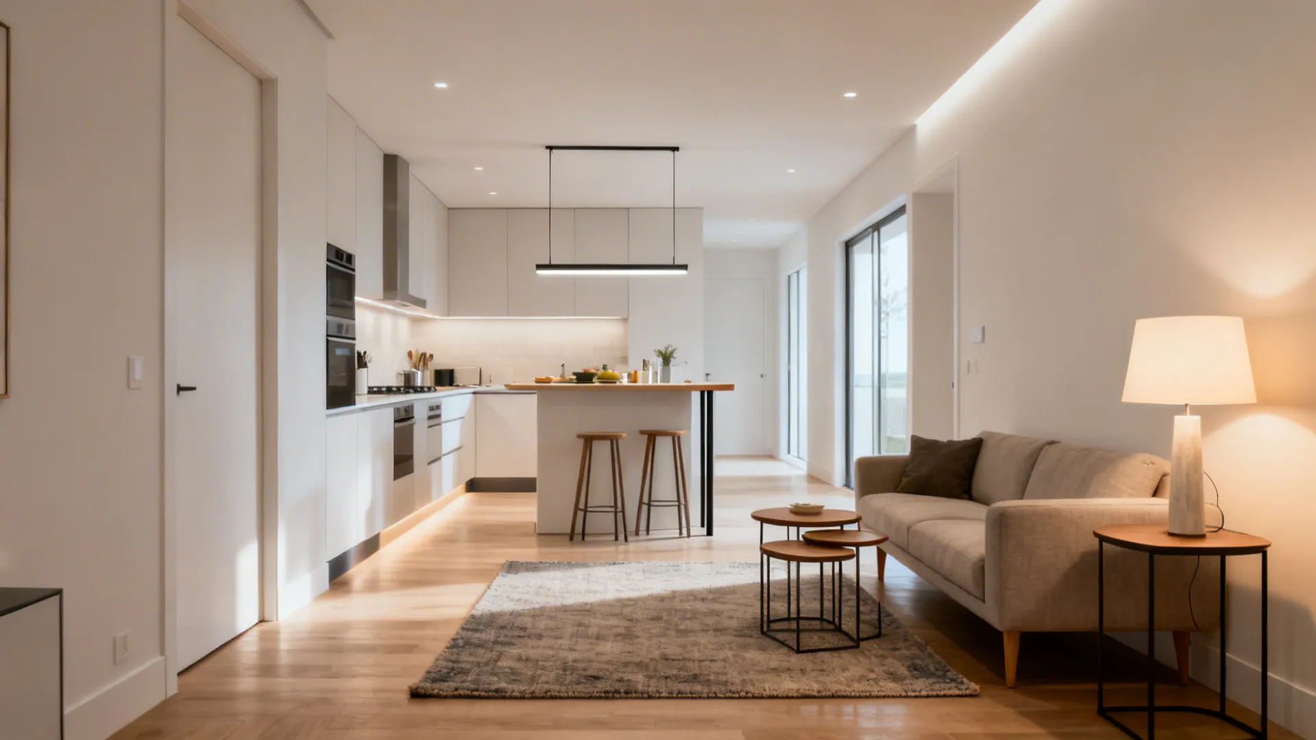 Modern white kitchen and living room with wooden floors, sofa, rug, and breakfast bar stools