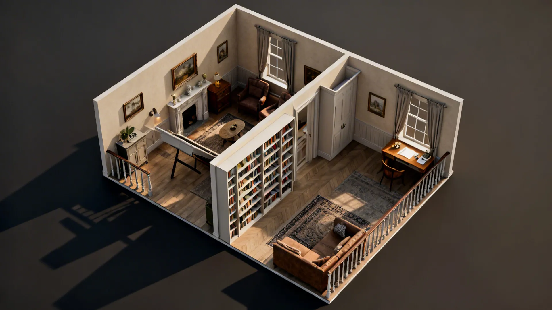 Top-down plan of a compact Victorian layout showing flexible zones with partial dividers and fold-down furniture.