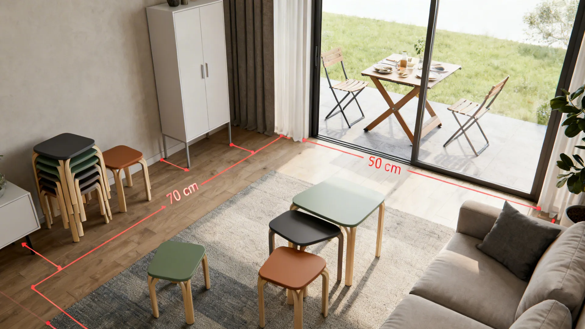 Living room layout showing a rug with colorful stools and distance measurements to the door