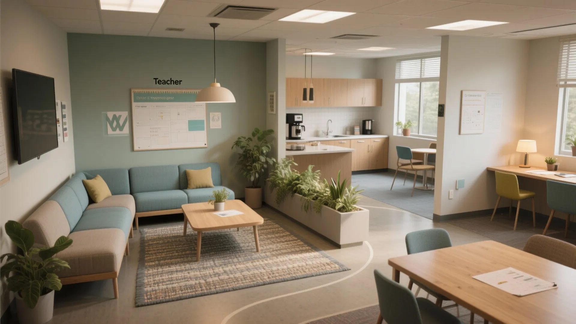 Modern open teacher lounge featuring blue sofa wooden coffee table kitchen area and green potted plants